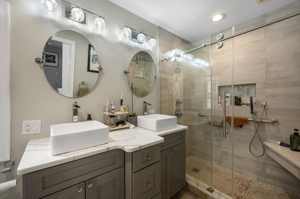 Bathroom, Dual Sink Vanities, Glass Shower, Interior, Recessed Lighting