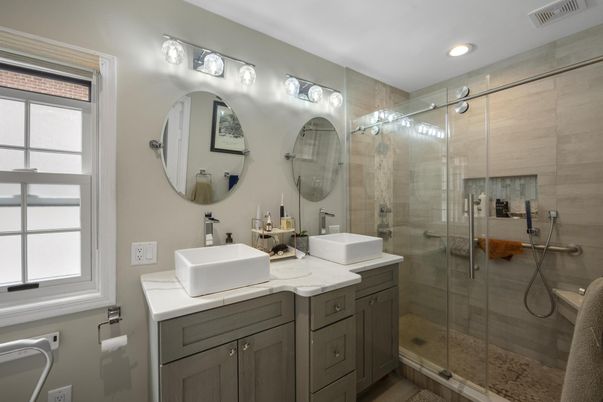 Bathroom, Dual Sink Vanities, Glass Shower, Interior, Recessed Lighting