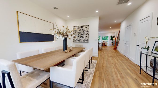 Dining room, Interior, Recessed Lighting, Wood Texture Flooring