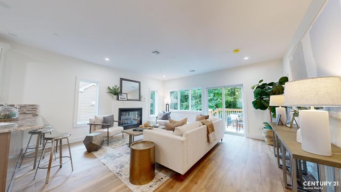 Fireplace, Interior, Living room, Recessed Lighting, Wood Texture Flooring
