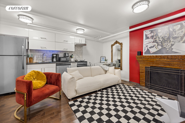 Fireplace, Interior, Kitchen, Living room, Wood Texture Flooring