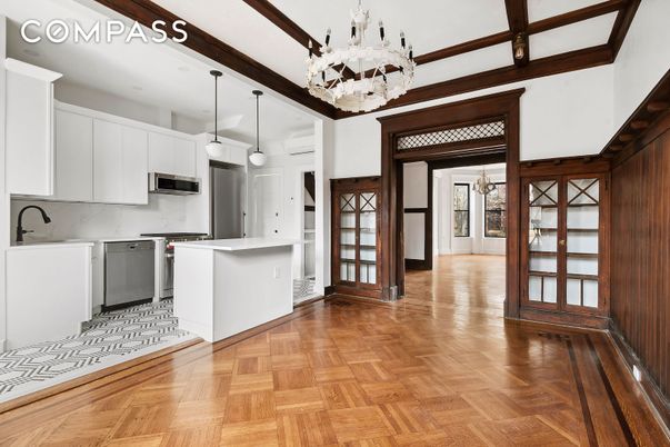 Chandelier, Interior, Kitchen, Pendant Lights, Stainless Steel Appliances, Wood Texture Flooring