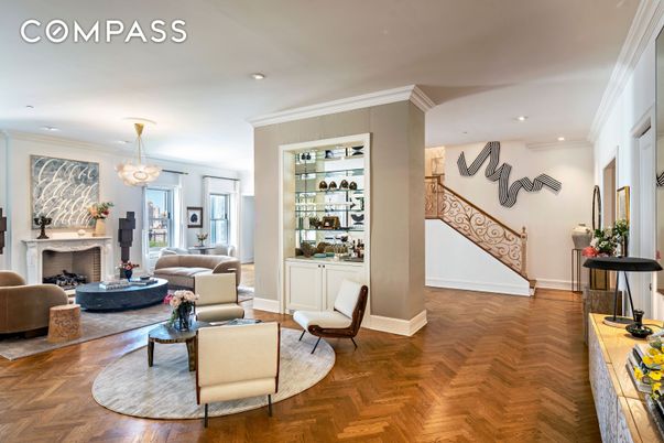 Fireplace, Interior, Living room, Pendant Lights, Recessed Lighting, Wood Texture Flooring