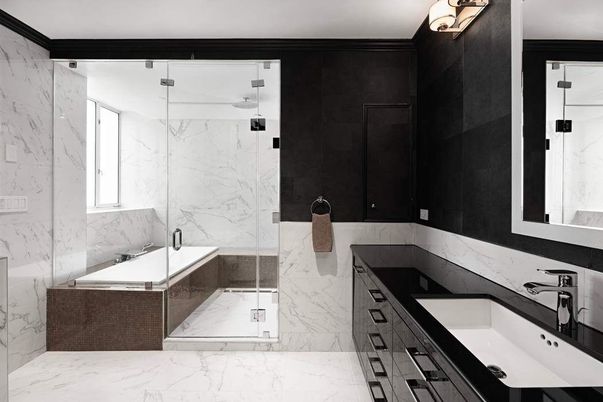Bathroom, Dual Sink Vanities, Glass Shower, Interior, Marble, Marble Walls