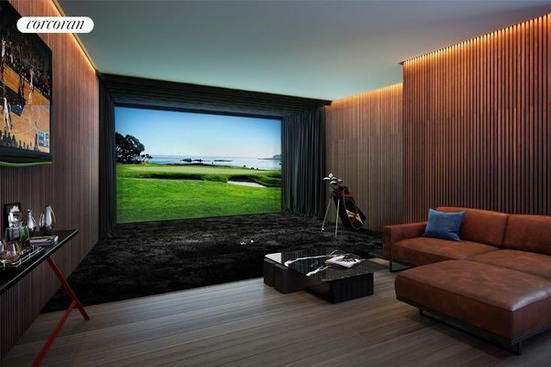 Interior, Living room, Projection Screen, Recessed Lighting, Water, Wood Texture Flooring