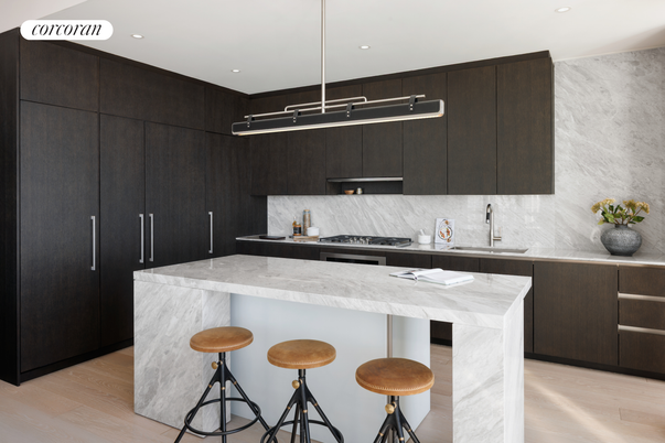 Interior, Kitchen, Marble Walls, Pendant Lights, Recessed Lighting, Stainless Steel Appliances, Wood Texture Flooring