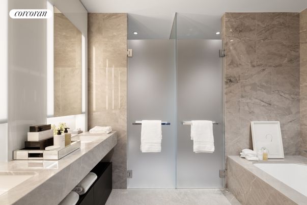 Bathroom, Dual Sink Vanities, Interior, Marble Walls, Recessed Lighting