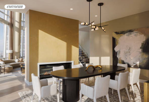 Dining room, Fireplace, Interior, Living room, Pendant Lights, Recessed Lighting, Wood Texture Flooring