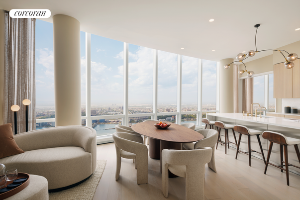 Dining room, Interior, Pendant Lights, Recessed Lighting, Water, Wood Texture Flooring