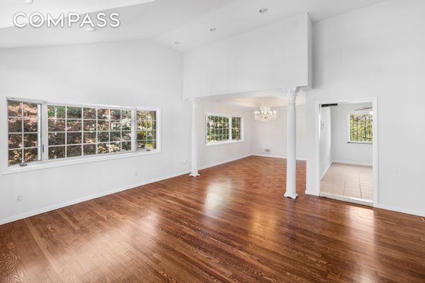 Chandelier, Empty room, Interior, Recessed Lighting, Wood Texture Flooring