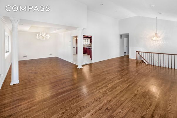 Chandelier, Empty room, Interior, Recessed Lighting, Wood Texture Flooring