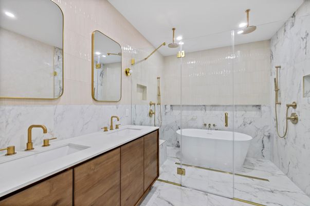 Bathroom, Dual Sink Vanities, Free Standing Baths, Glass Shower, Interior, Marble, Marble Walls, Recessed Lighting