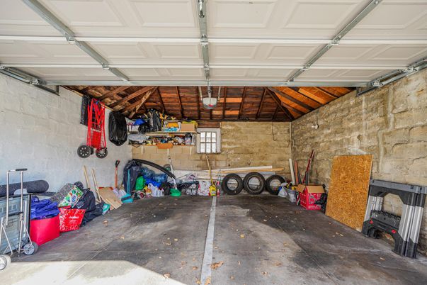 Garage, Interior, Stone Walls, Wooden Beams