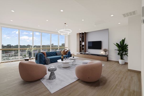 Interior, Living room, Pendant Lights, Recessed Lighting, Wood Texture Flooring
