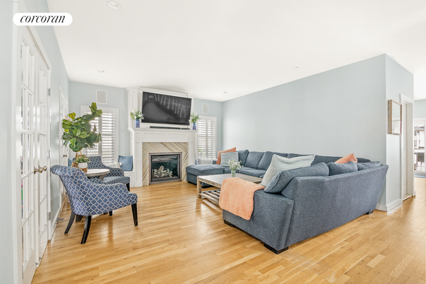 Fireplace, Interior, Living room, Recessed Lighting, Wood Texture Flooring