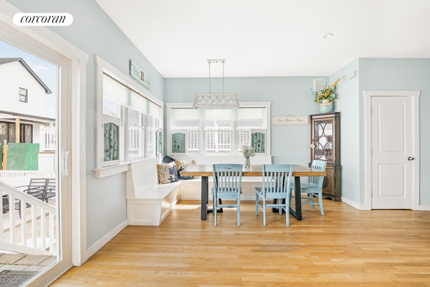 Dining room, Interior, Pendant Lights, Wood Texture Flooring