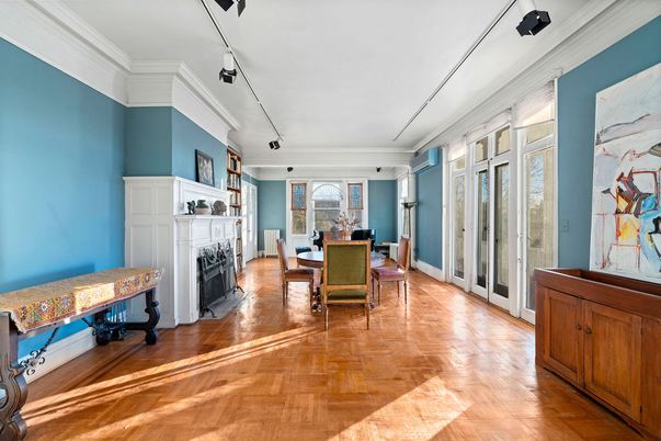 Dining room, Fireplace, Interior, Wood Texture Flooring