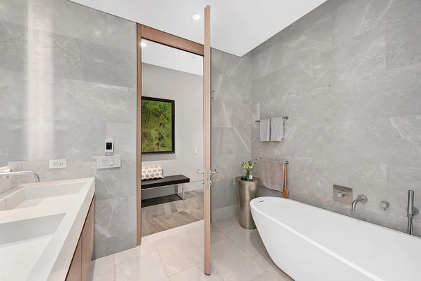 Bathroom, Dual Sink Vanities, Free Standing Baths, Glass Shower, Interior, Recessed Lighting, Wood Texture Flooring