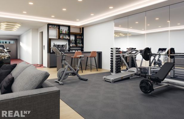 Fitness Equipment, Gym, Interior, Recessed Lighting, Wood Texture Flooring