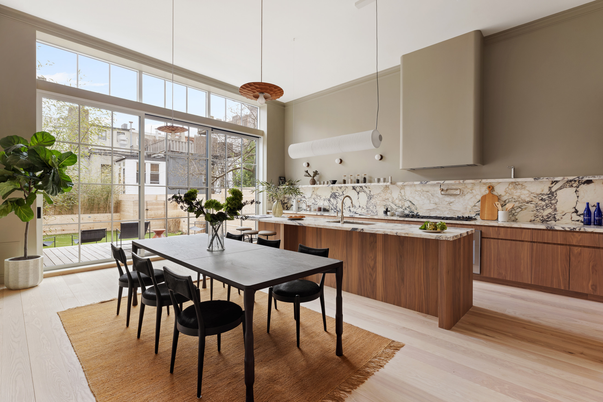 Dining room, Interior, Kitchen, Marble Walls, Pendant Lights, Wood Texture Flooring