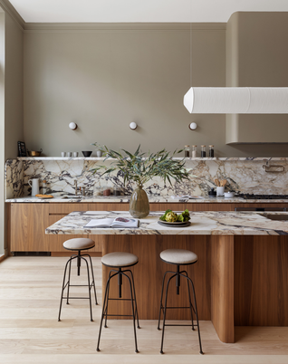 Interior, Kitchen, Marble Walls, Pendant Lights, Wood Texture Flooring