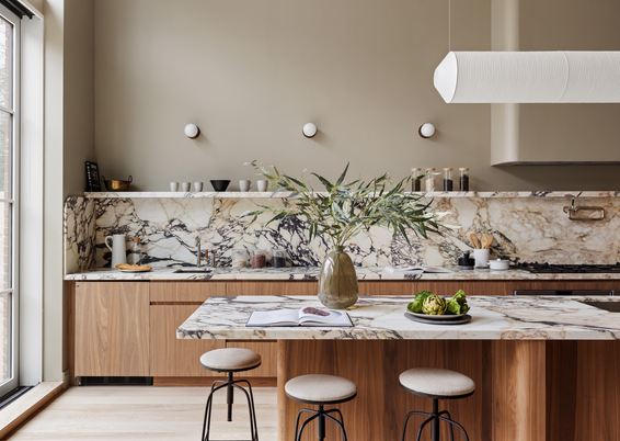Interior, Kitchen, Marble Walls, Wood Texture Flooring