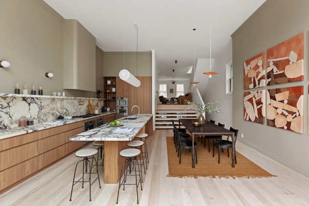 Dining room, Interior, Kitchen, Pendant Lights, Wood Texture Flooring