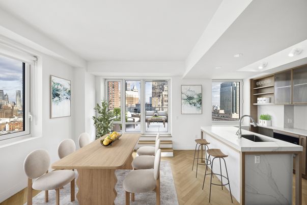 Dining room, Interior, Kitchen, Recessed Lighting, Wood Texture Flooring