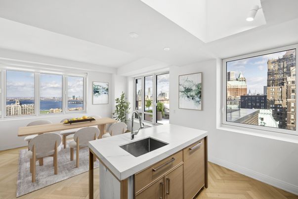 Dining room, Interior, Kitchen, Recessed Lighting, Water, Wood Texture Flooring