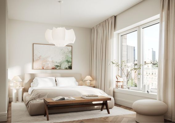 Bedroom, Interior, Pendant Lights, Wood Texture Flooring