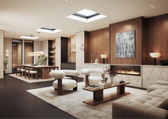 Dining room, Fireplace, Interior, Living room, Pendant Lights, Recessed Lighting, Wooden Walls