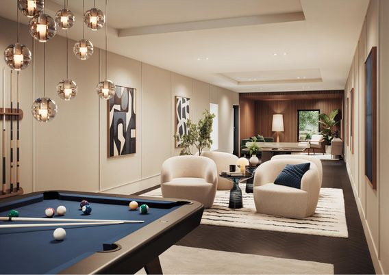 Billiard Table, Game Room, Interior, Pendant Lights, Recessed Lighting, Wood Texture Flooring