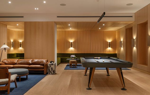 Billiard Table, Game Room, Interior, Pendant Lights, Recessed Lighting, Wood Texture Flooring, Wooden Walls