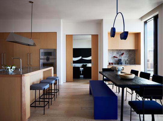 Dining room, Interior, Kitchen, Pendant Lights, Stainless Steel Appliances, Wood Texture Flooring