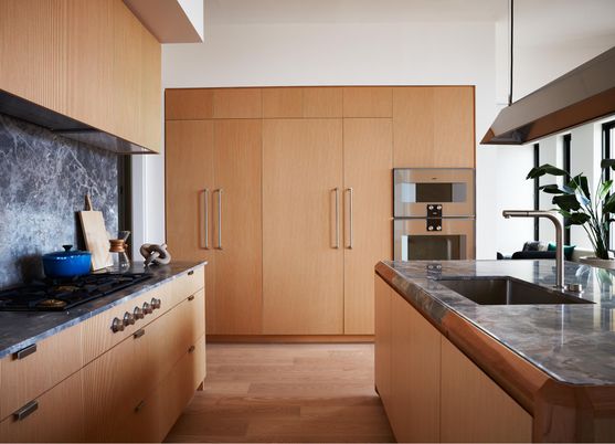 Interior, Kitchen, Tile Countertops, Wood Texture Flooring