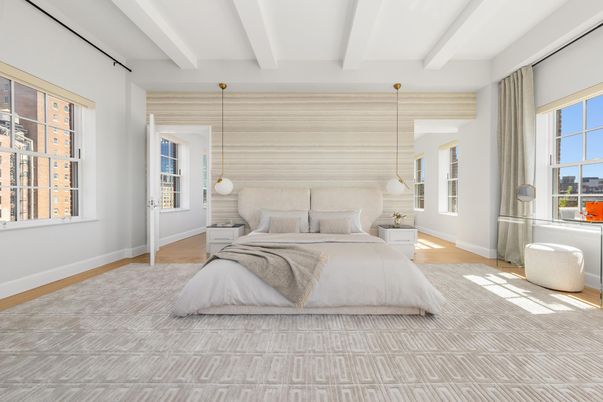 Bedroom, Interior, Pendant Lights, Wood Texture Flooring