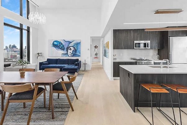 Chandelier, Dining room, Interior, Kitchen, Living room, Pendant Lights, Stainless Steel Appliances, Wood Texture Flooring