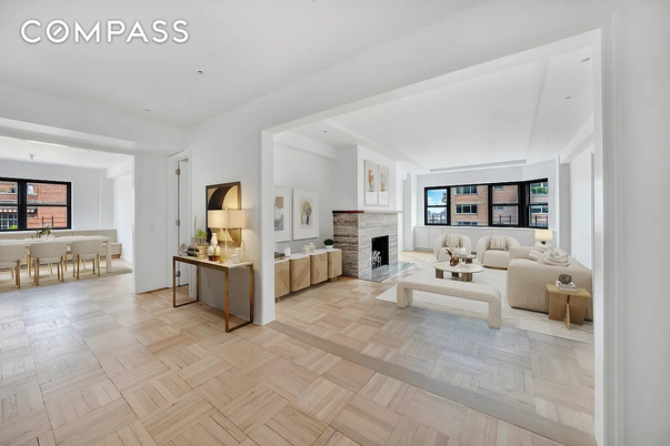 Dining room, Fireplace, Interior, Living room, Recessed Lighting, Wood Texture Flooring