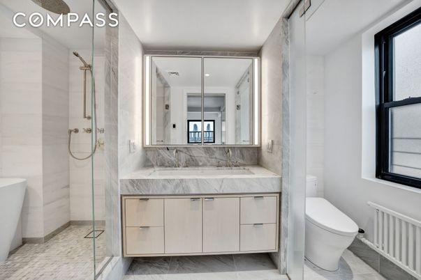Bathroom, Glass Shower, Interior, Marble Walls, Recessed Lighting