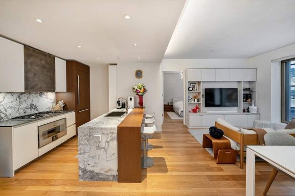 Interior, Kitchen, Living room, Marble Walls, Recessed Lighting, Stainless Steel Appliances, Wood Texture Flooring