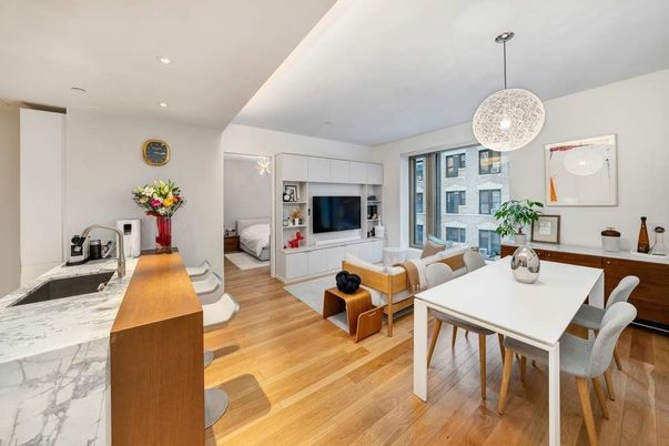 Bedroom, Dining room, Interior, Living room, Pendant Lights, Recessed Lighting, Wood Texture Flooring