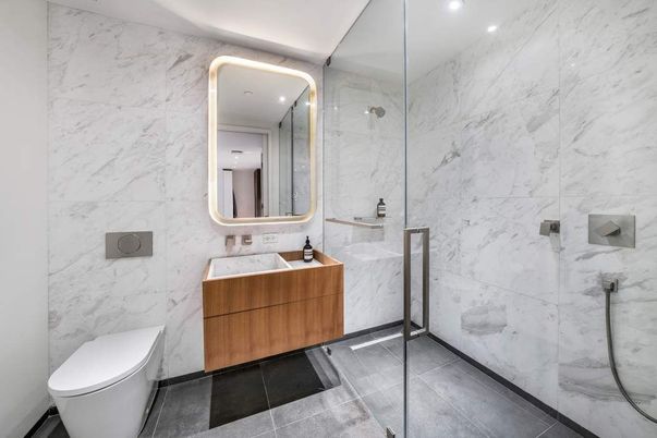 Bathroom, Glass Shower, Interior, Marble Walls, Recessed Lighting