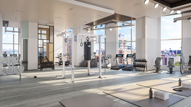 Fitness Equipment, Gym, Interior, Recessed Lighting, Wood Texture Flooring