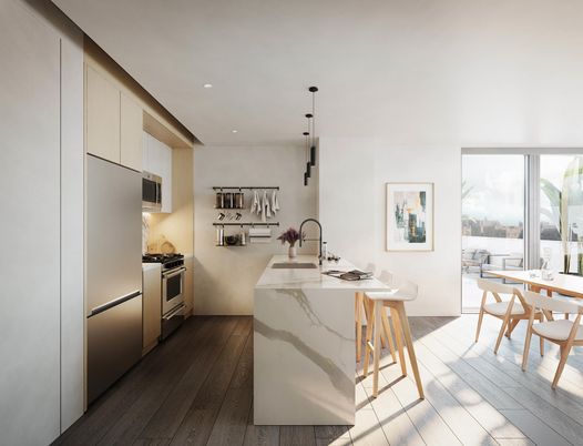 Dining room, Interior, Kitchen, Pendant Lights, Recessed Lighting, Stainless Steel Appliances, Water, Wood Texture Flooring