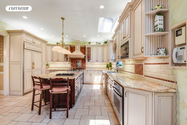 Chandelier, Fireplace, Interior, Kitchen, Pendant Lights, Recessed Lighting, Stainless Steel Appliances