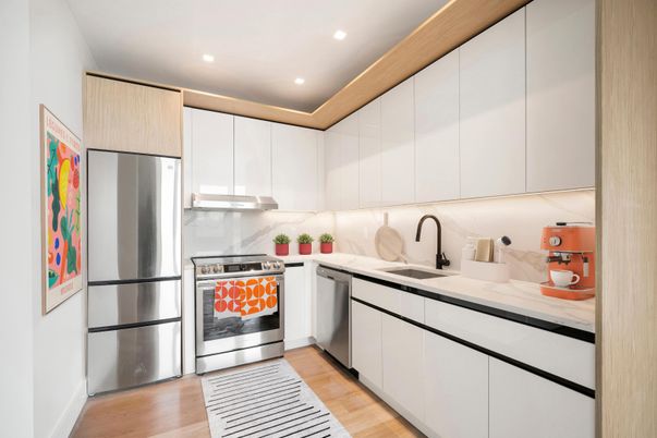 Interior, Kitchen, Recessed Lighting, Stainless Steel Appliances, Wood Texture Flooring