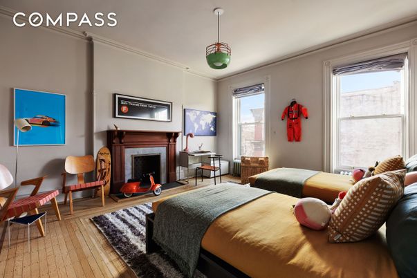 Bedroom, Fireplace, Interior, Pendant Lights, Wood Texture Flooring