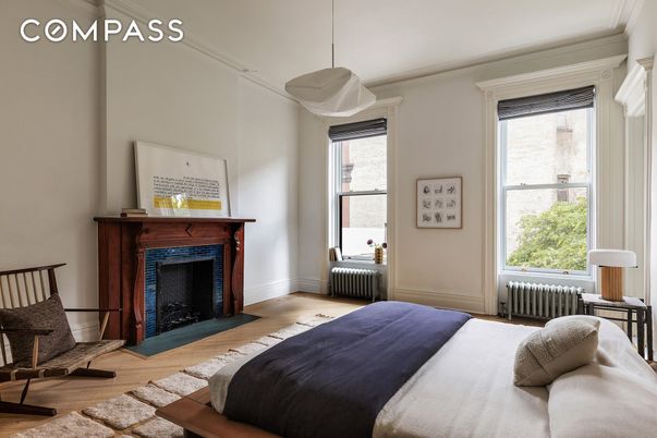 Bedroom, Fireplace, Interior, Pendant Lights, Wood Texture Flooring