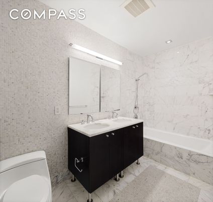 Bathroom, Dual Sink Vanities, Interior, Marble, Marble Walls, Recessed Lighting