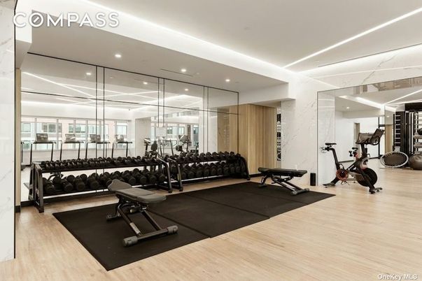 Fitness Equipment, Gym, Interior, Recessed Lighting, Wood Texture Flooring